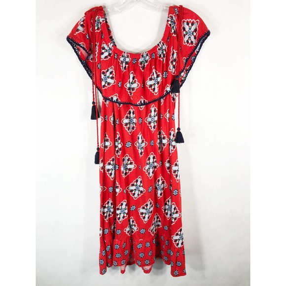 Crown Ivy XL Petite Dress Red Blue Tassels Shift Knee Off Shoulder Pineapple 574 - Picture 2 of 9